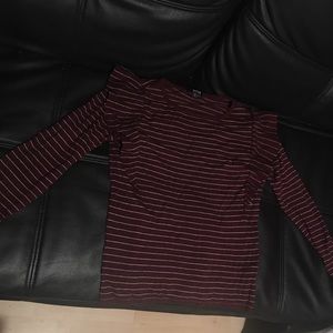 Striped burgundy long sleeved shirt with ruffles.